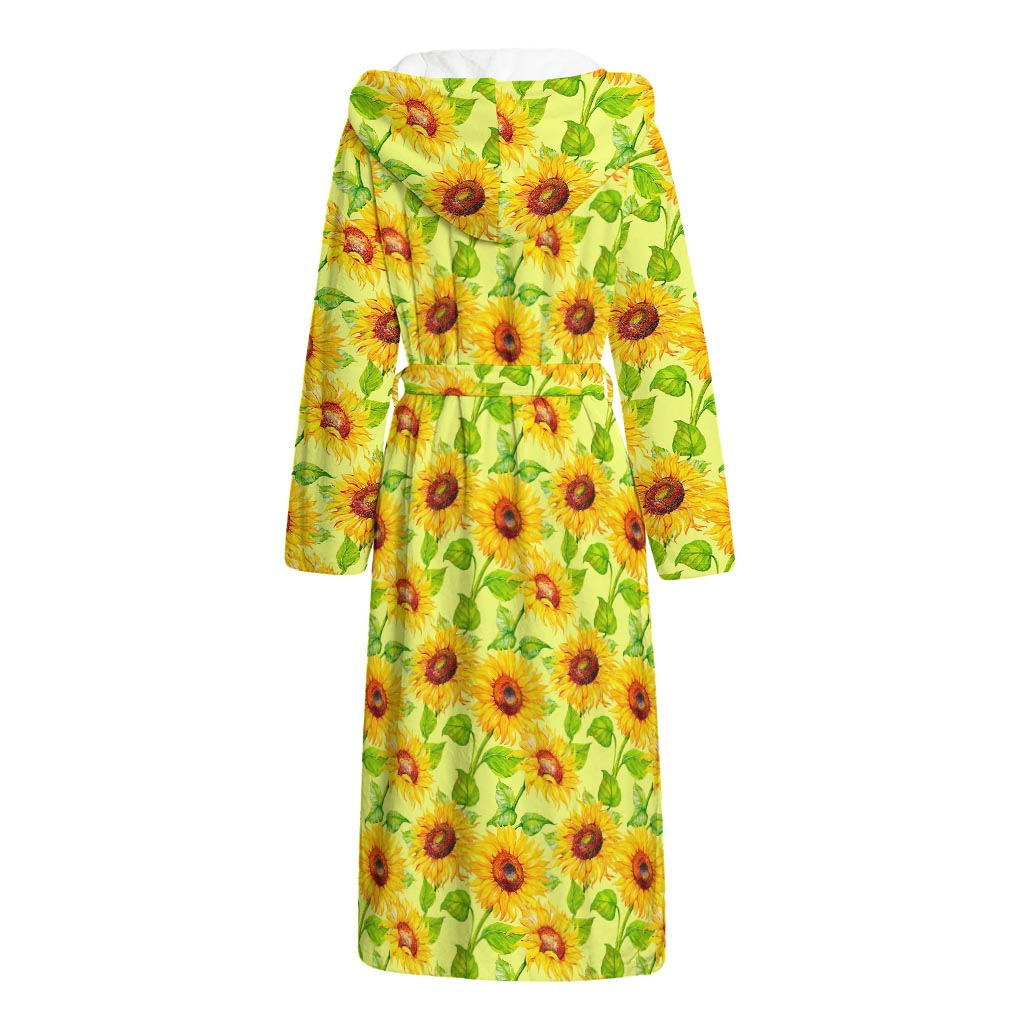 Beige Watercolor Sunflower Pattern Print Hooded Bathrobe