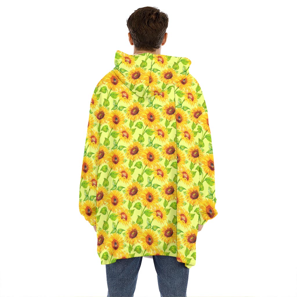 Beige Watercolor Sunflower Pattern Print Hoodie Blanket