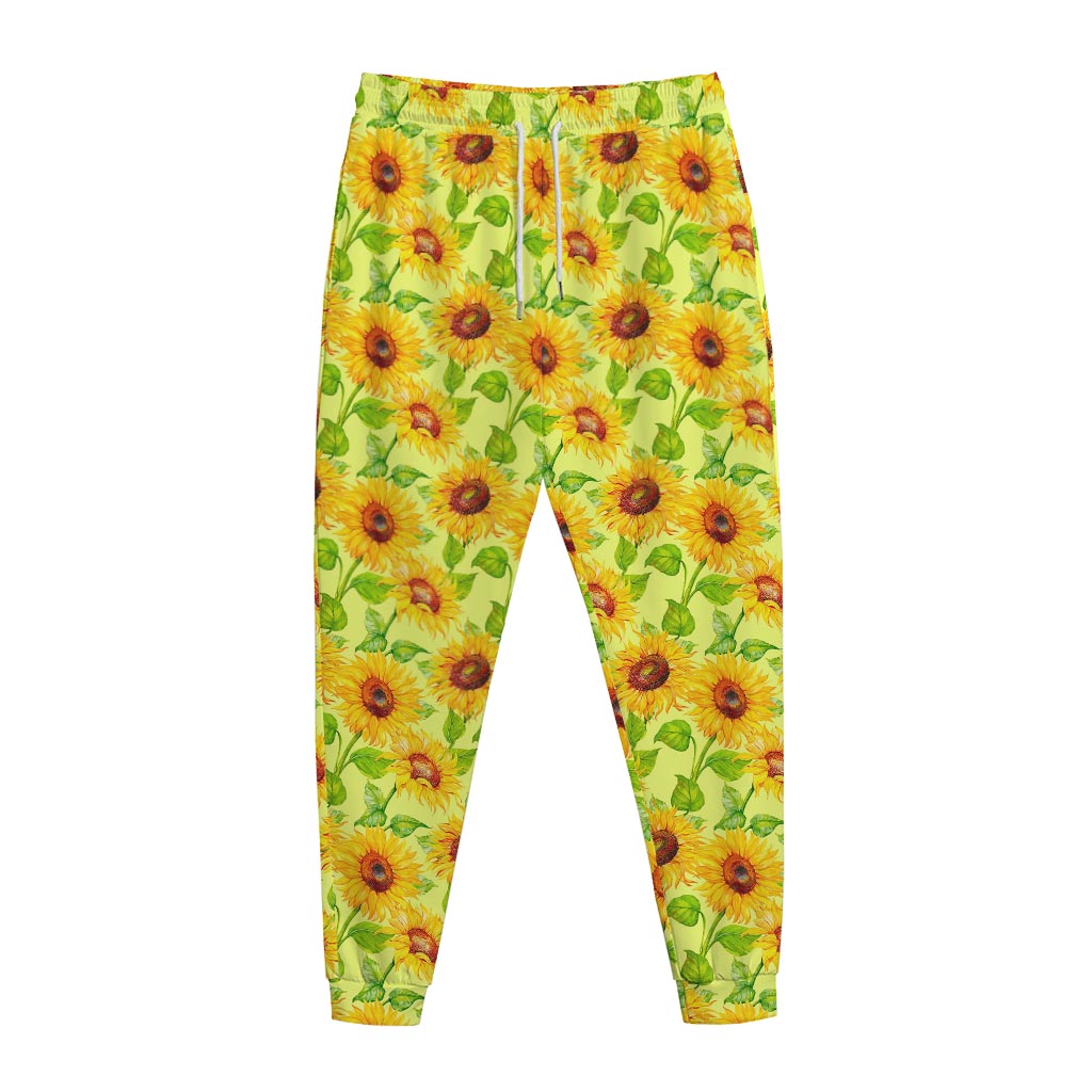 Beige Watercolor Sunflower Pattern Print Jogger Pants