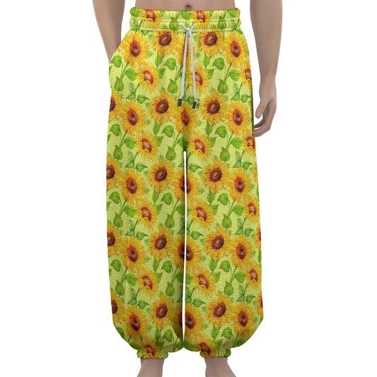 Beige Watercolor Sunflower Pattern Print Lantern Pants