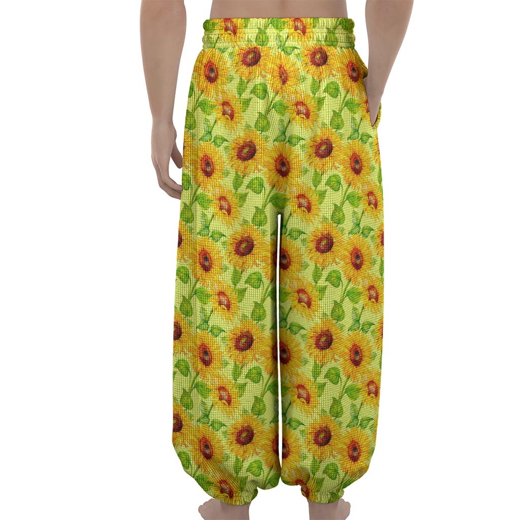 Beige Watercolor Sunflower Pattern Print Lantern Pants