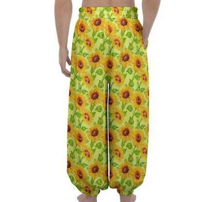 Beige Watercolor Sunflower Pattern Print Lantern Pants