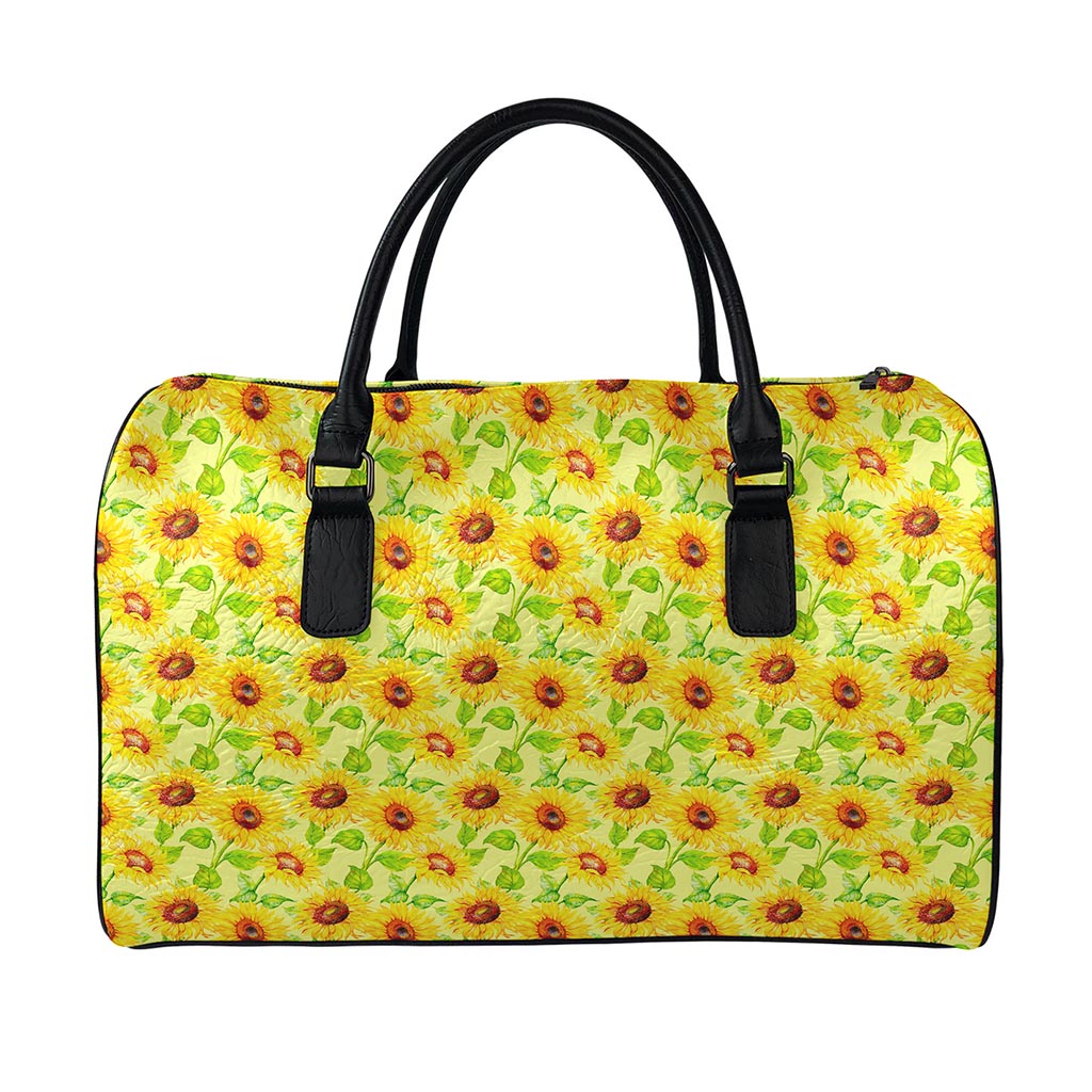 Beige Watercolor Sunflower Pattern Print Leather Duffle Bag