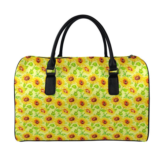 Beige Watercolor Sunflower Pattern Print Leather Duffle Bag