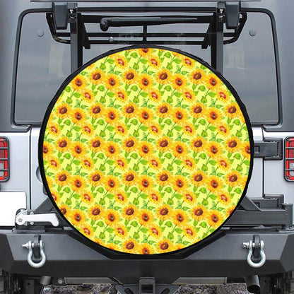 Beige Watercolor Sunflower Pattern Print Leather Spare Tire Cover