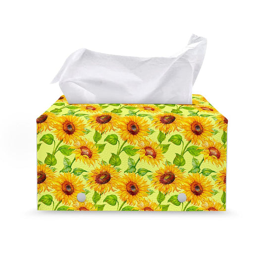 Beige Watercolor Sunflower Pattern Print Leather Tissue Box Cover