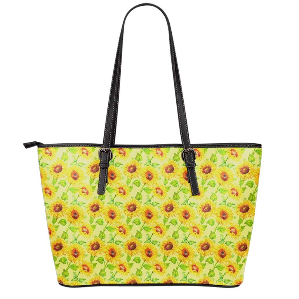 Beige Watercolor Sunflower Pattern Print Leather Tote Bag