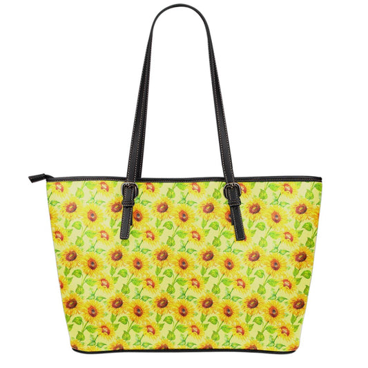 Beige Watercolor Sunflower Pattern Print Leather Tote Bag
