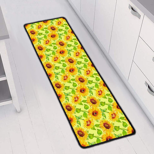 Beige Watercolor Sunflower Pattern Print Long Kitchen Mat