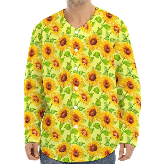 Beige Watercolor Sunflower Pattern Print Long Sleeve Baseball Jersey