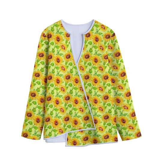 Beige Watercolor Sunflower Pattern Print Long Sleeve Short Coat