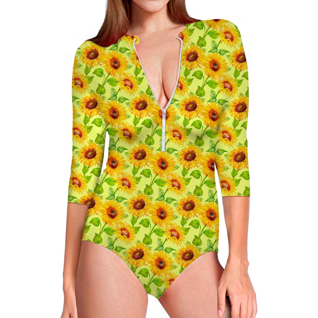 Beige Watercolor Sunflower Pattern Print Long Sleeve Swimsuit