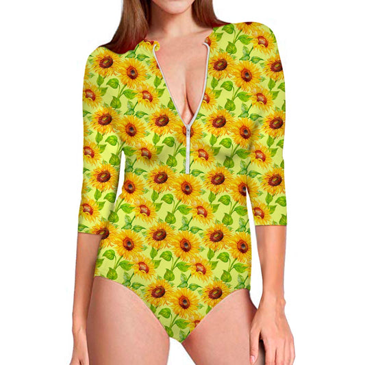Beige Watercolor Sunflower Pattern Print Long Sleeve Swimsuit