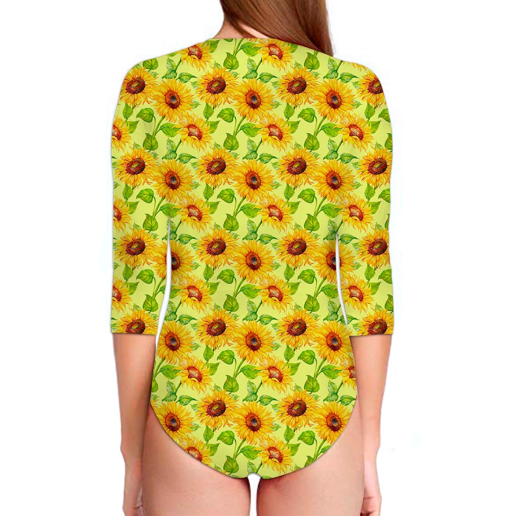 Beige Watercolor Sunflower Pattern Print Long Sleeve Swimsuit