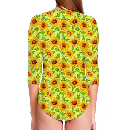 Beige Watercolor Sunflower Pattern Print Long Sleeve Swimsuit