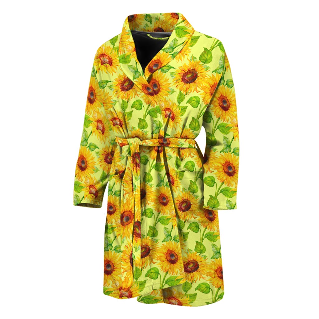 Beige Watercolor Sunflower Pattern Print Men's Bathrobe