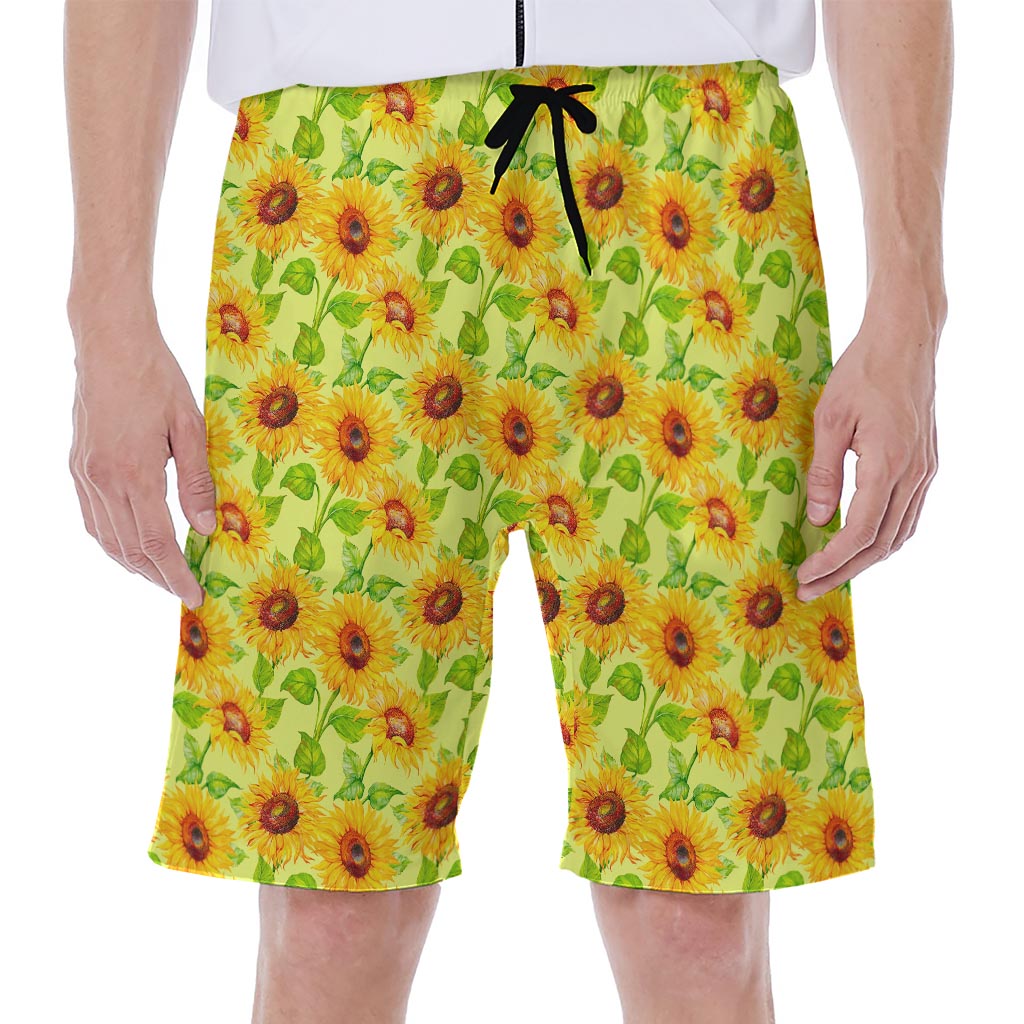Beige Watercolor Sunflower Pattern Print Men's Beach Shorts
