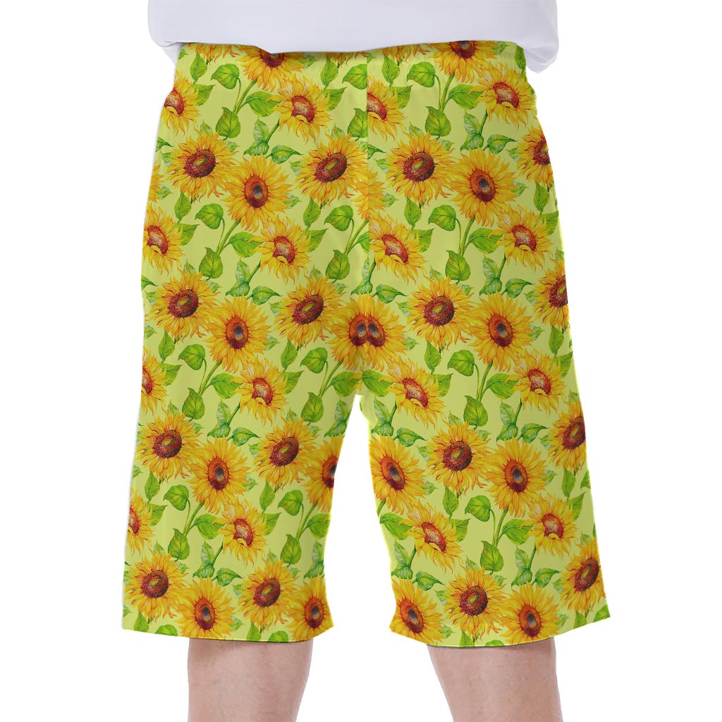 Beige Watercolor Sunflower Pattern Print Men's Beach Shorts