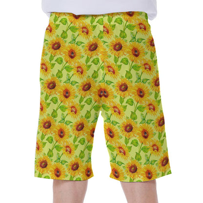 Beige Watercolor Sunflower Pattern Print Men's Beach Shorts
