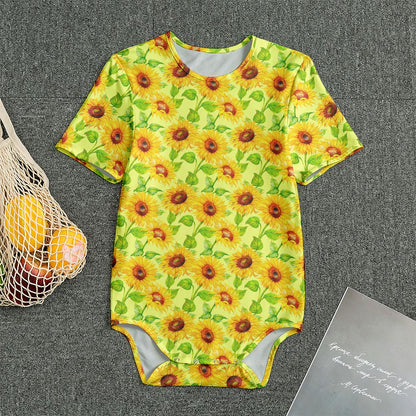 Beige Watercolor Sunflower Pattern Print Men's Bodysuit