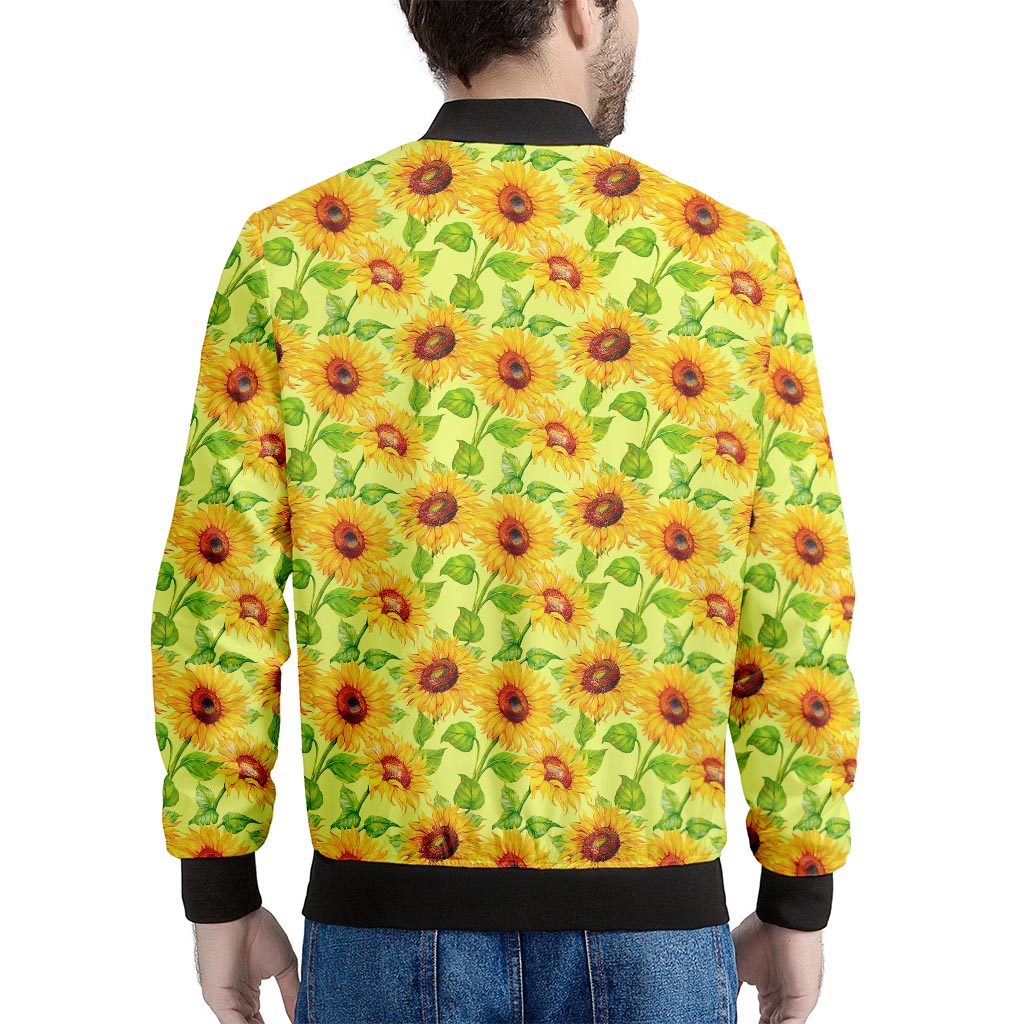 Beige Watercolor Sunflower Pattern Print Men's Bomber Jacket