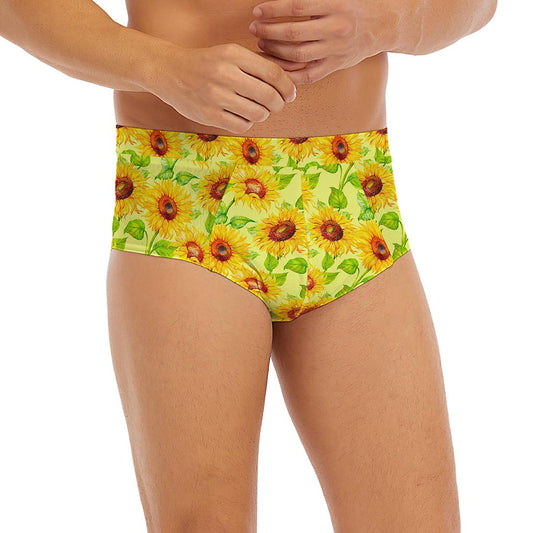 Beige Watercolor Sunflower Pattern Print Men's Briefs