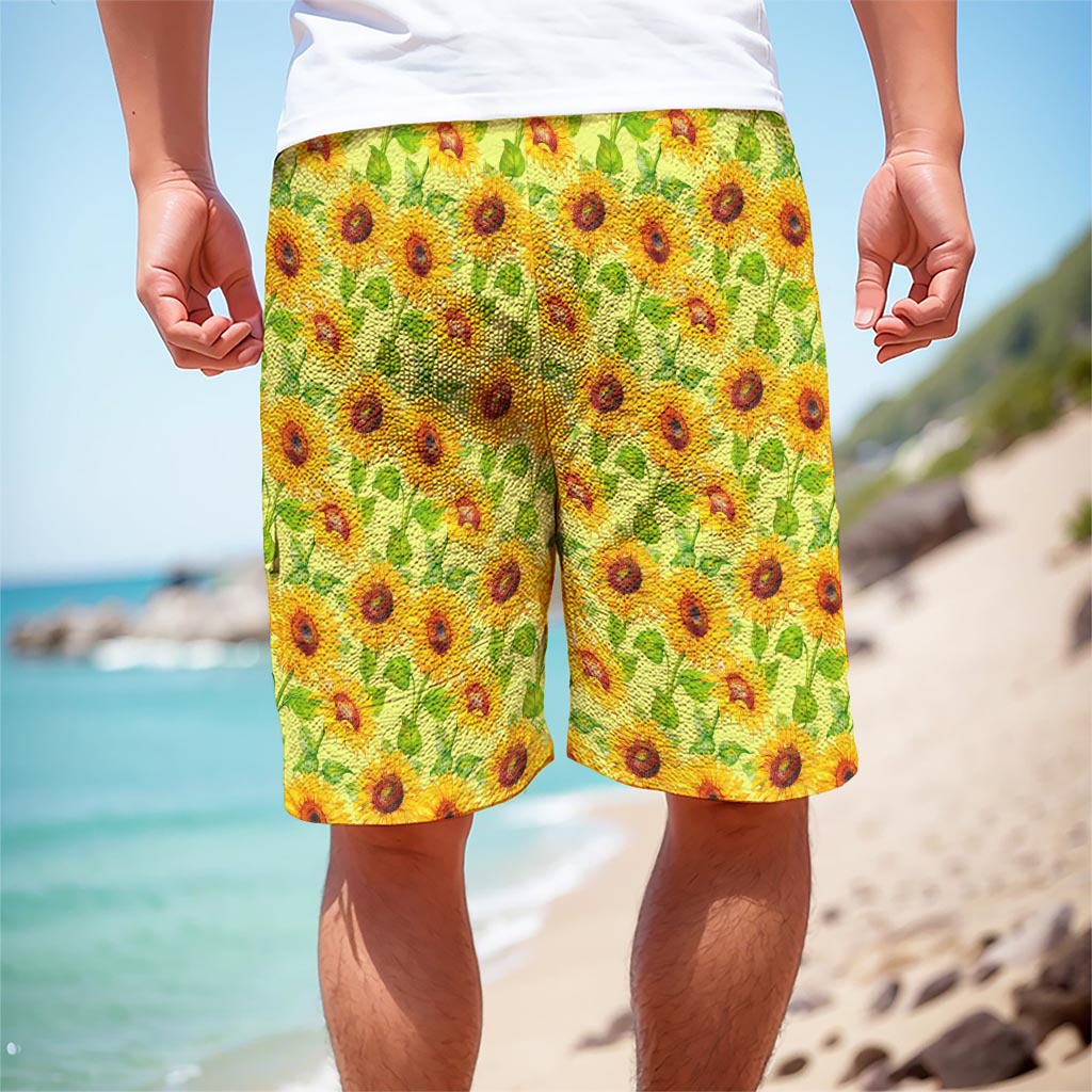 Beige Watercolor Sunflower Pattern Print Men's Cargo Shorts