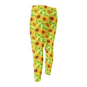 Beige Watercolor Sunflower Pattern Print Men's Compression Pants