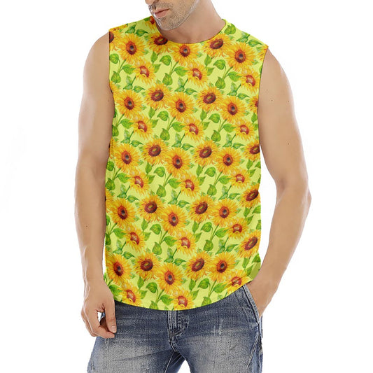 Beige Watercolor Sunflower Pattern Print Men's Fitness Tank Top