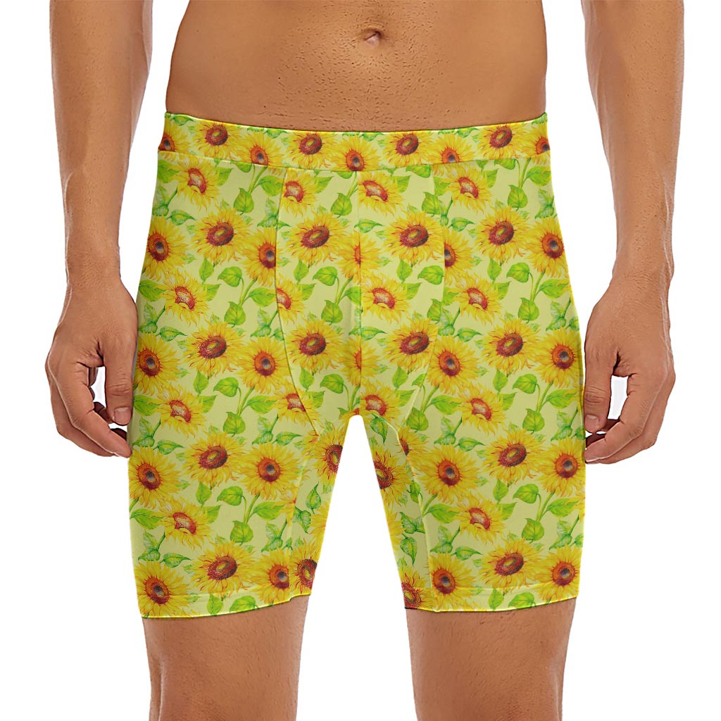 Beige Watercolor Sunflower Pattern Print Men's Long Boxer Briefs