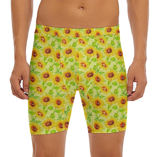 Beige Watercolor Sunflower Pattern Print Men's Long Boxer Briefs