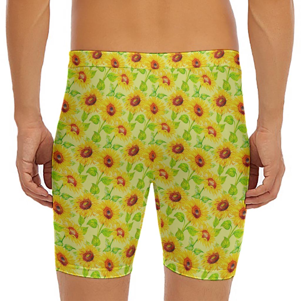 Beige Watercolor Sunflower Pattern Print Men's Long Boxer Briefs