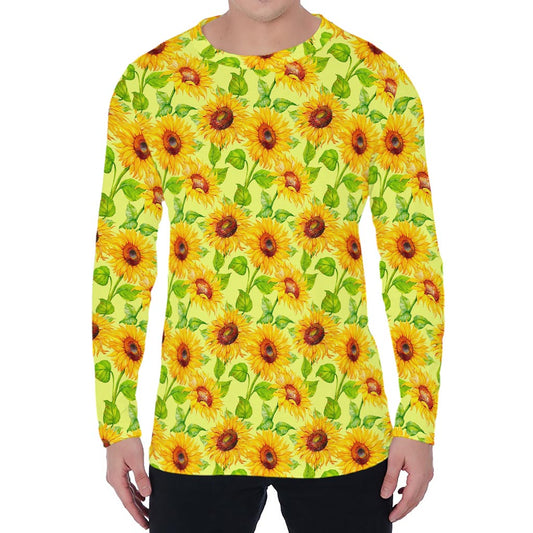 Beige Watercolor Sunflower Pattern Print Men's Long Sleeve T-Shirt