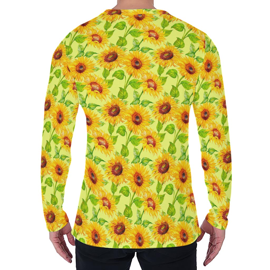 Beige Watercolor Sunflower Pattern Print Men's Long Sleeve T-Shirt