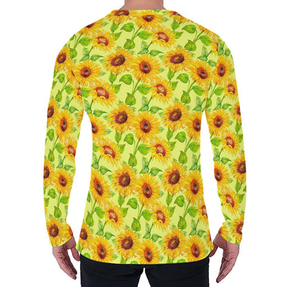 Beige Watercolor Sunflower Pattern Print Men's Long Sleeve T-Shirt