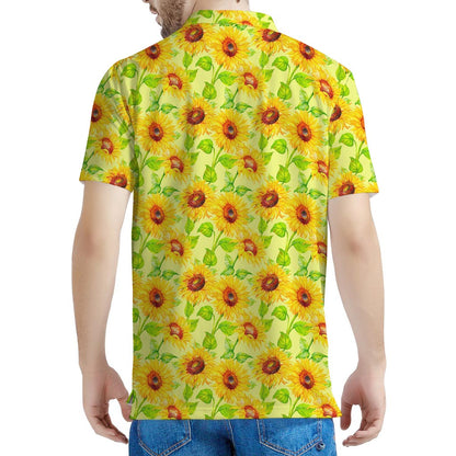 Beige Watercolor Sunflower Pattern Print Men's Polo Shirt