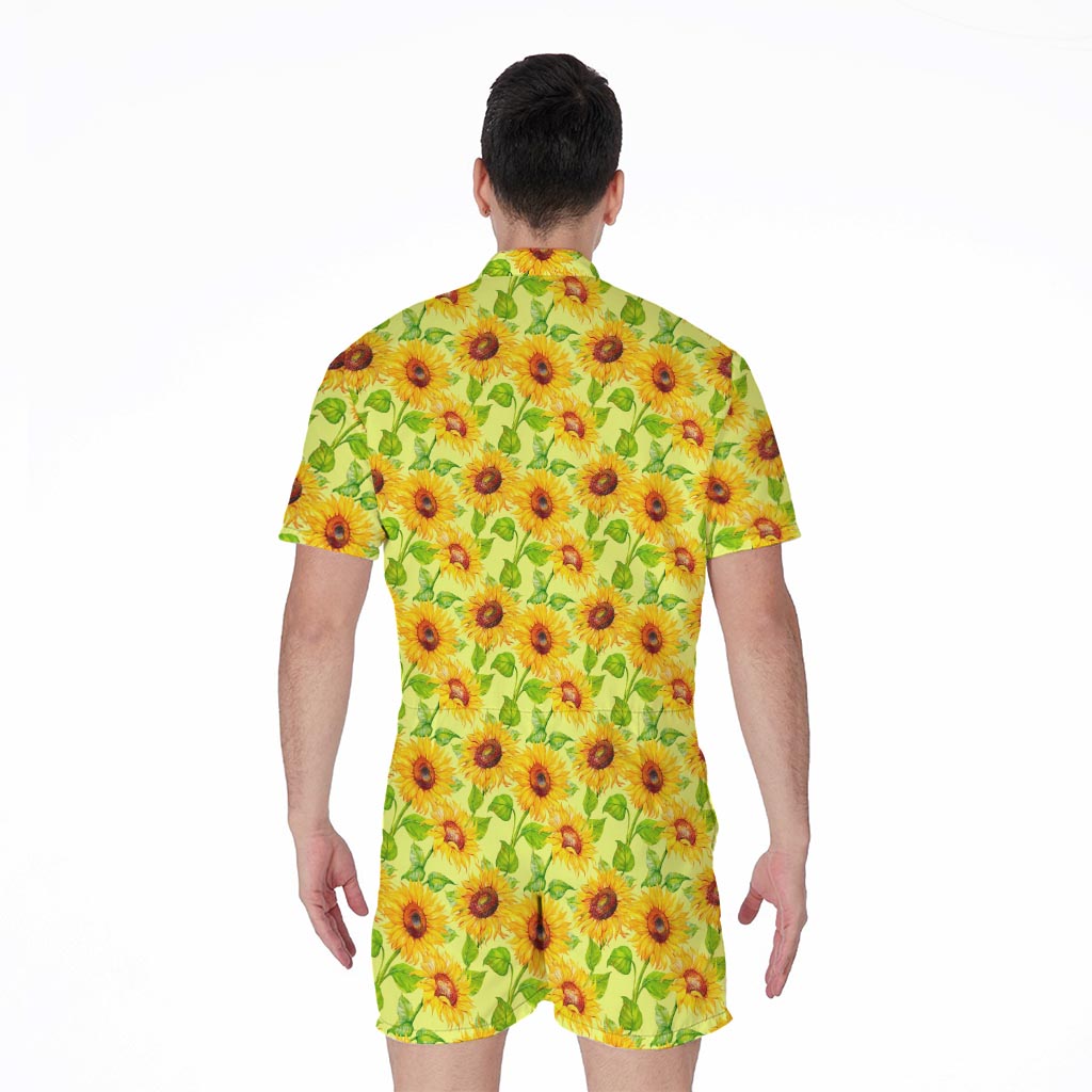 Beige Watercolor Sunflower Pattern Print Men's Rompers