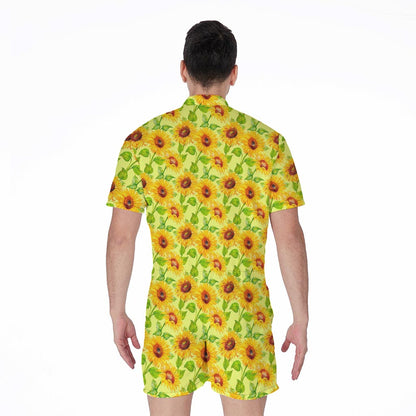 Beige Watercolor Sunflower Pattern Print Men's Rompers