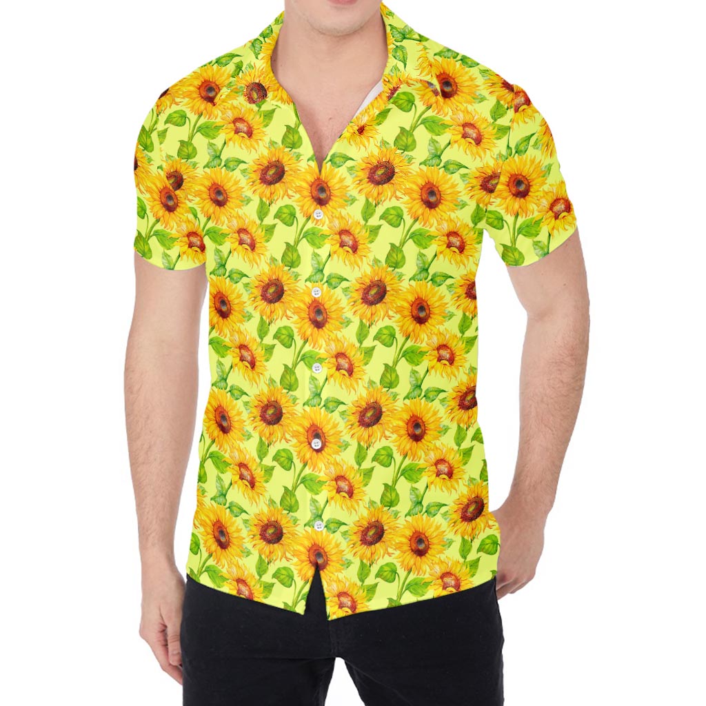 Beige Watercolor Sunflower Pattern Print Men's Shirt