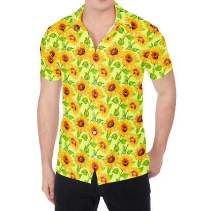 Beige Watercolor Sunflower Pattern Print Men's Shirt