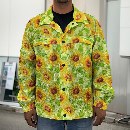 Beige Watercolor Sunflower Pattern Print Men's Shirt Jacket