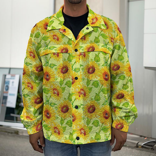 Beige Watercolor Sunflower Pattern Print Men's Shirt Jacket