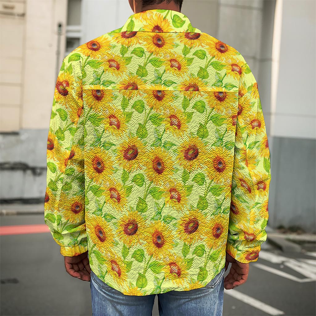 Beige Watercolor Sunflower Pattern Print Men's Shirt Jacket