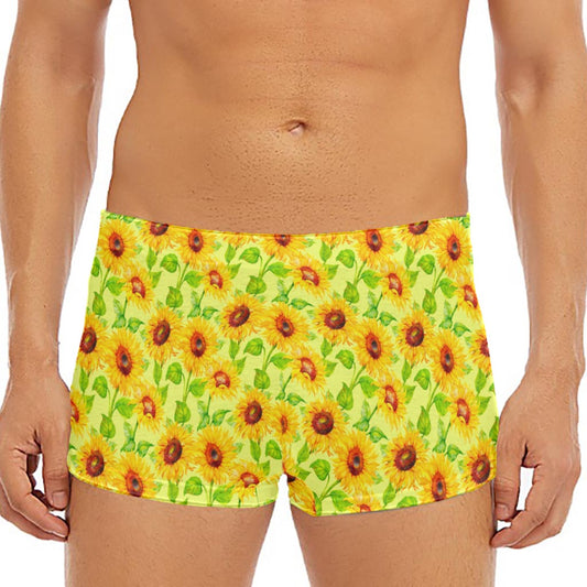 Beige Watercolor Sunflower Pattern Print Men's Short Boxer Briefs