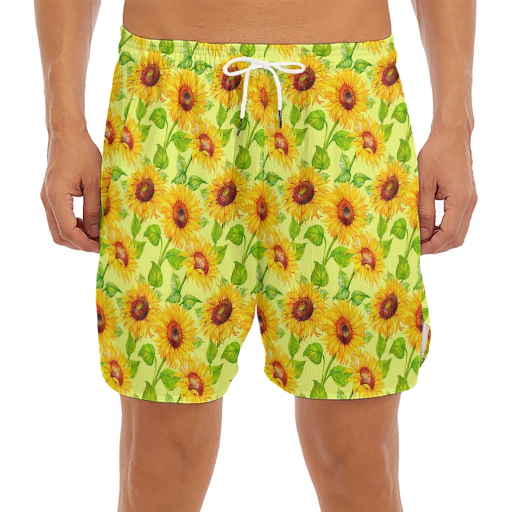 Beige Watercolor Sunflower Pattern Print Men's Split Running Shorts
