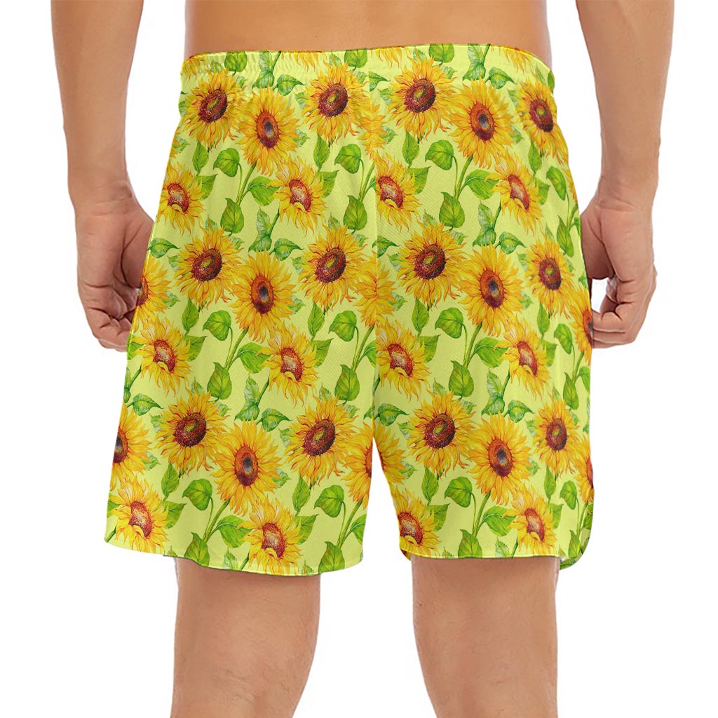 Beige Watercolor Sunflower Pattern Print Men's Split Running Shorts