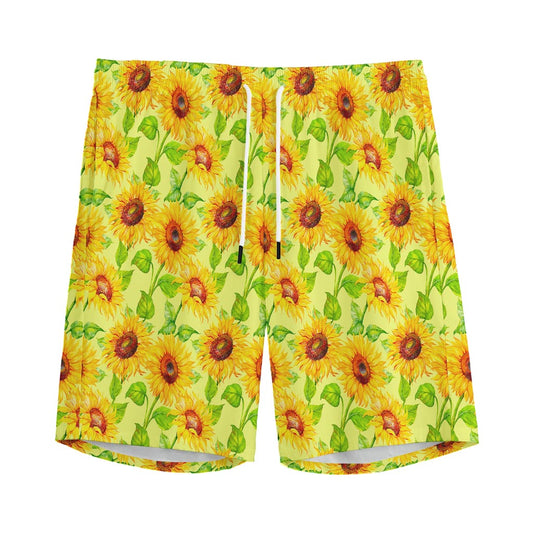 Beige Watercolor Sunflower Pattern Print Men's Sports Shorts