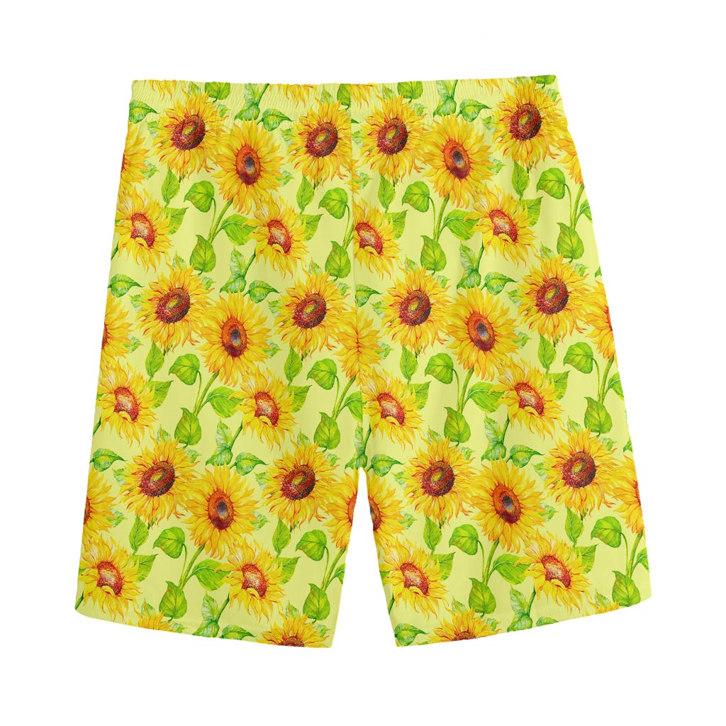 Beige Watercolor Sunflower Pattern Print Men's Sports Shorts