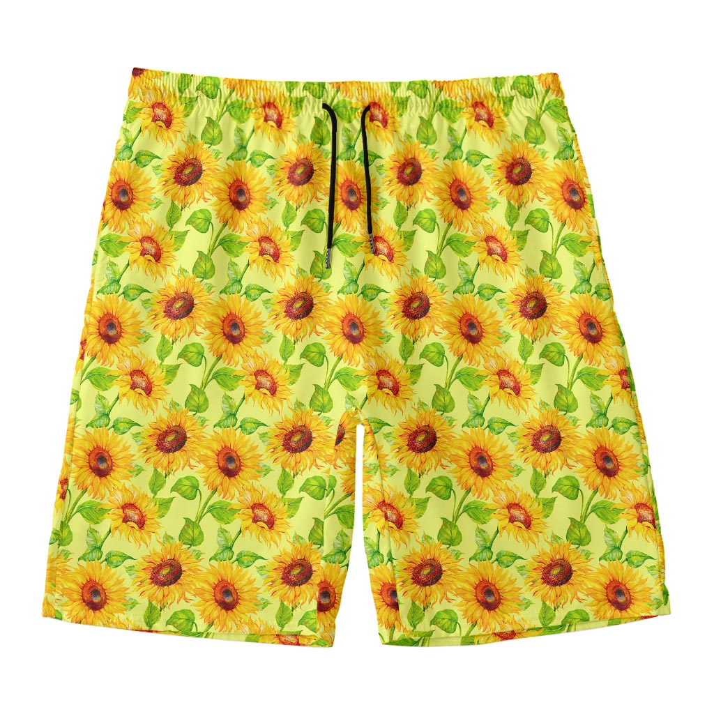 Beige Watercolor Sunflower Pattern Print Men's Swim Trunks