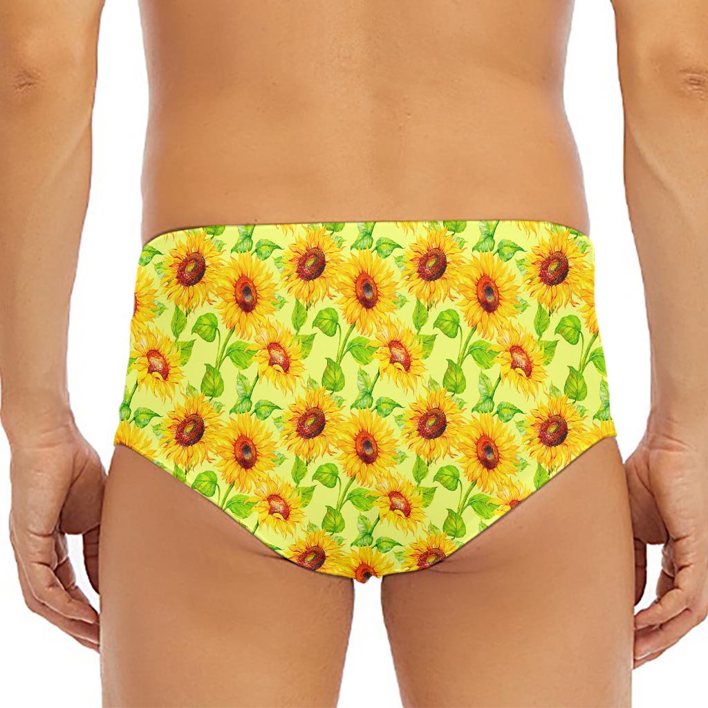 Beige Watercolor Sunflower Pattern Print Men's Triangle Swim Briefs